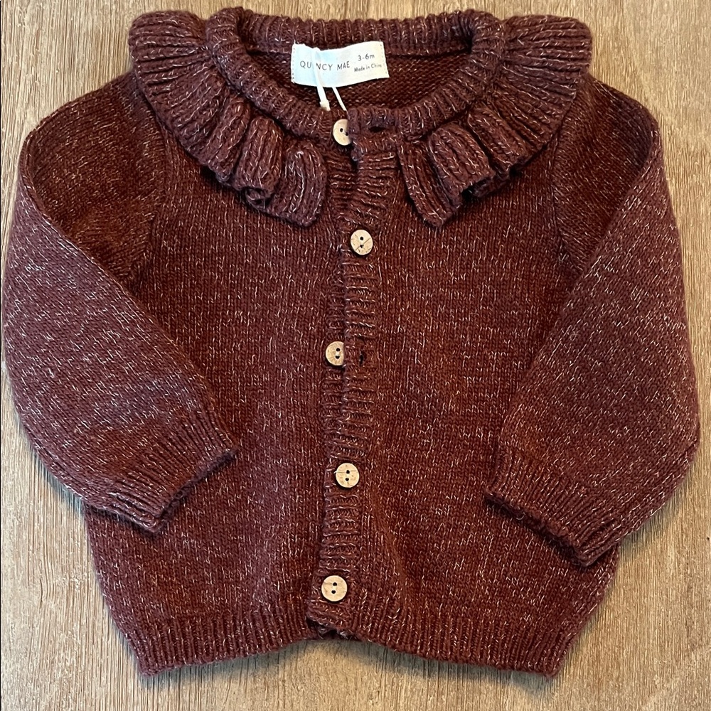 Quincy Mae Maroon Ruffle Collar Knit Cardigan